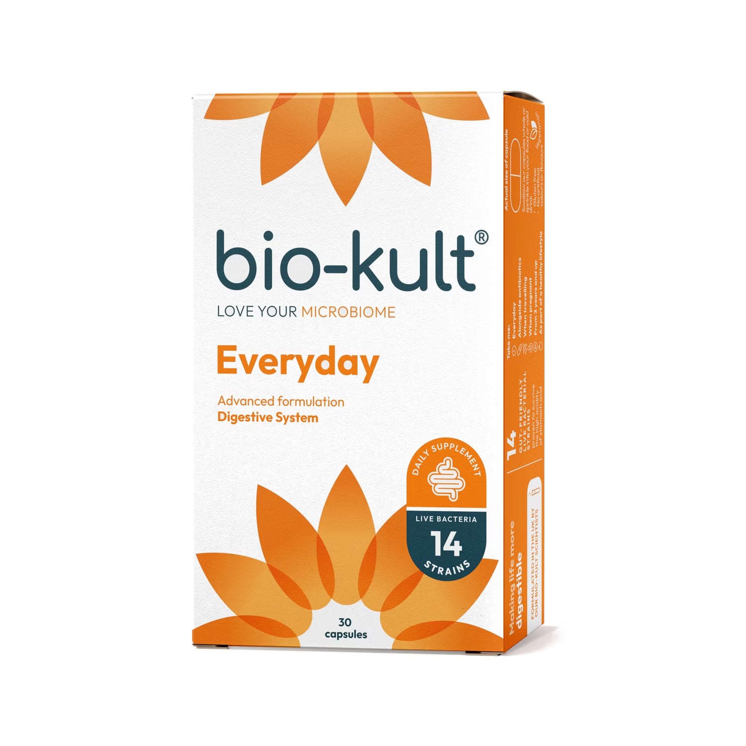 Bio-Kult Everyday probiotic supplement box front label 30 capsules on white background