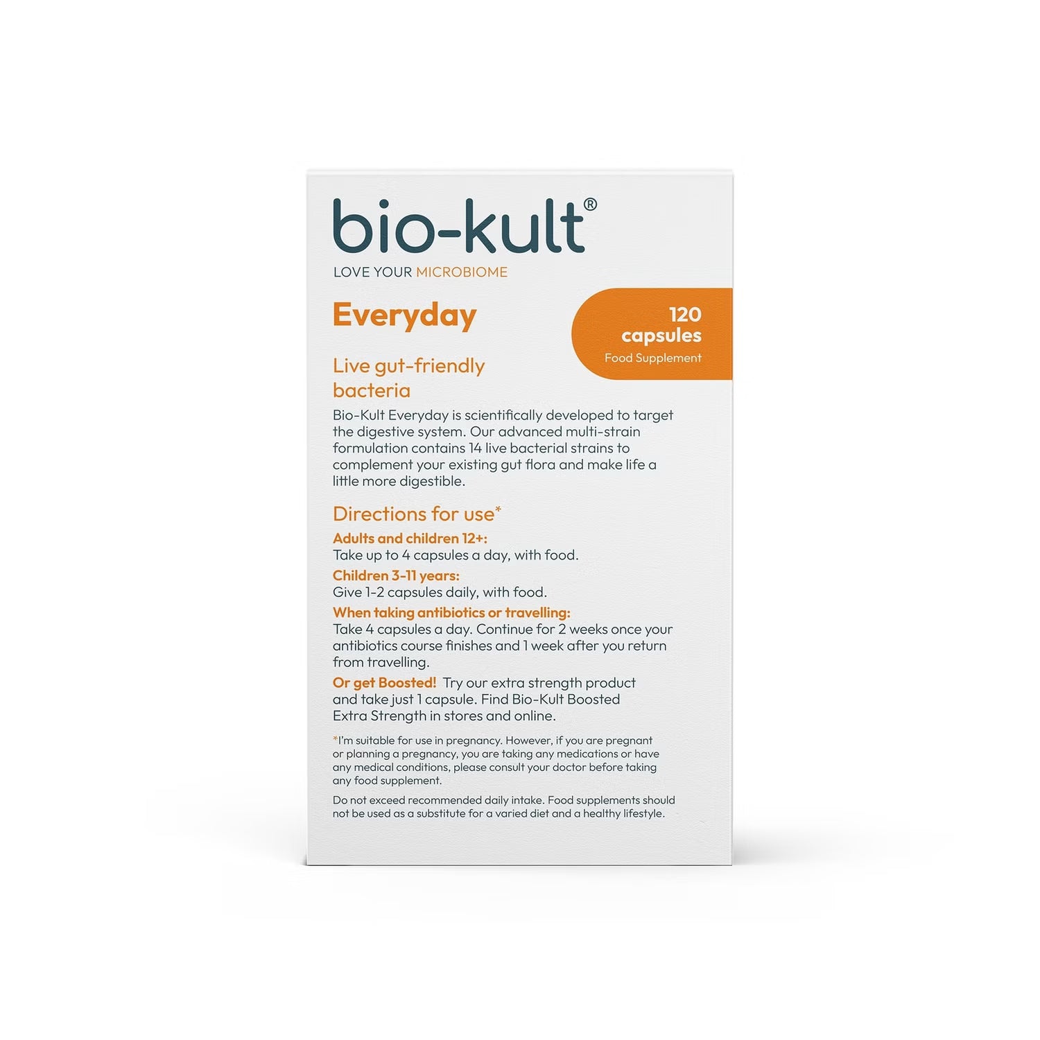 Bio-Kult Everyday supplement facts and ingredients label 120 capsules on white background