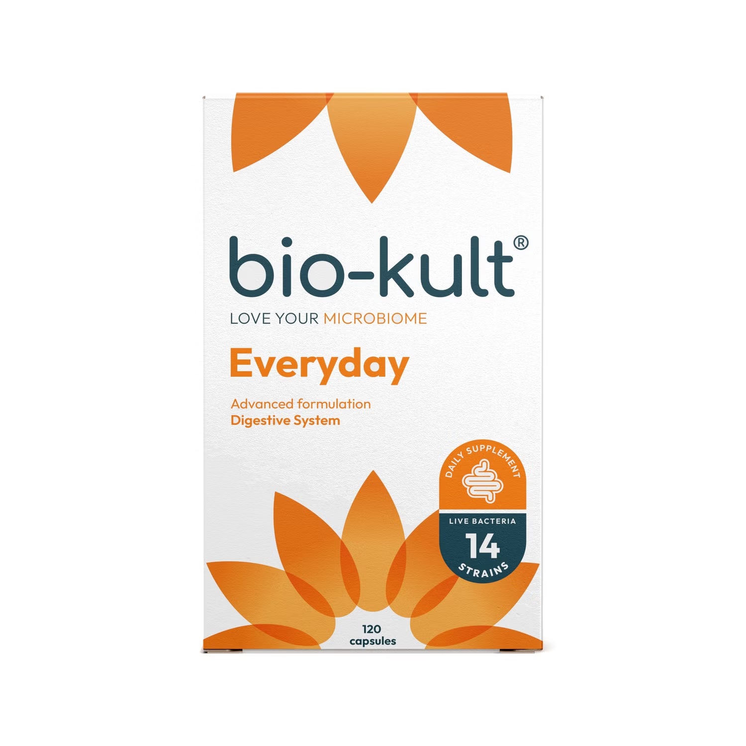 Bio-Kult Everyday probiotic supplement box front label 120 capsules on white background