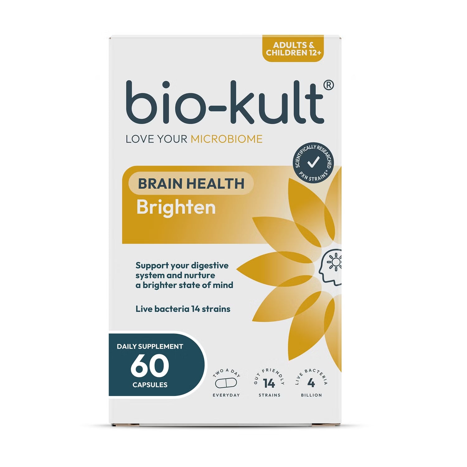 Bio-Kult Brighten probiotic supplement box front label 60 capsules on white background