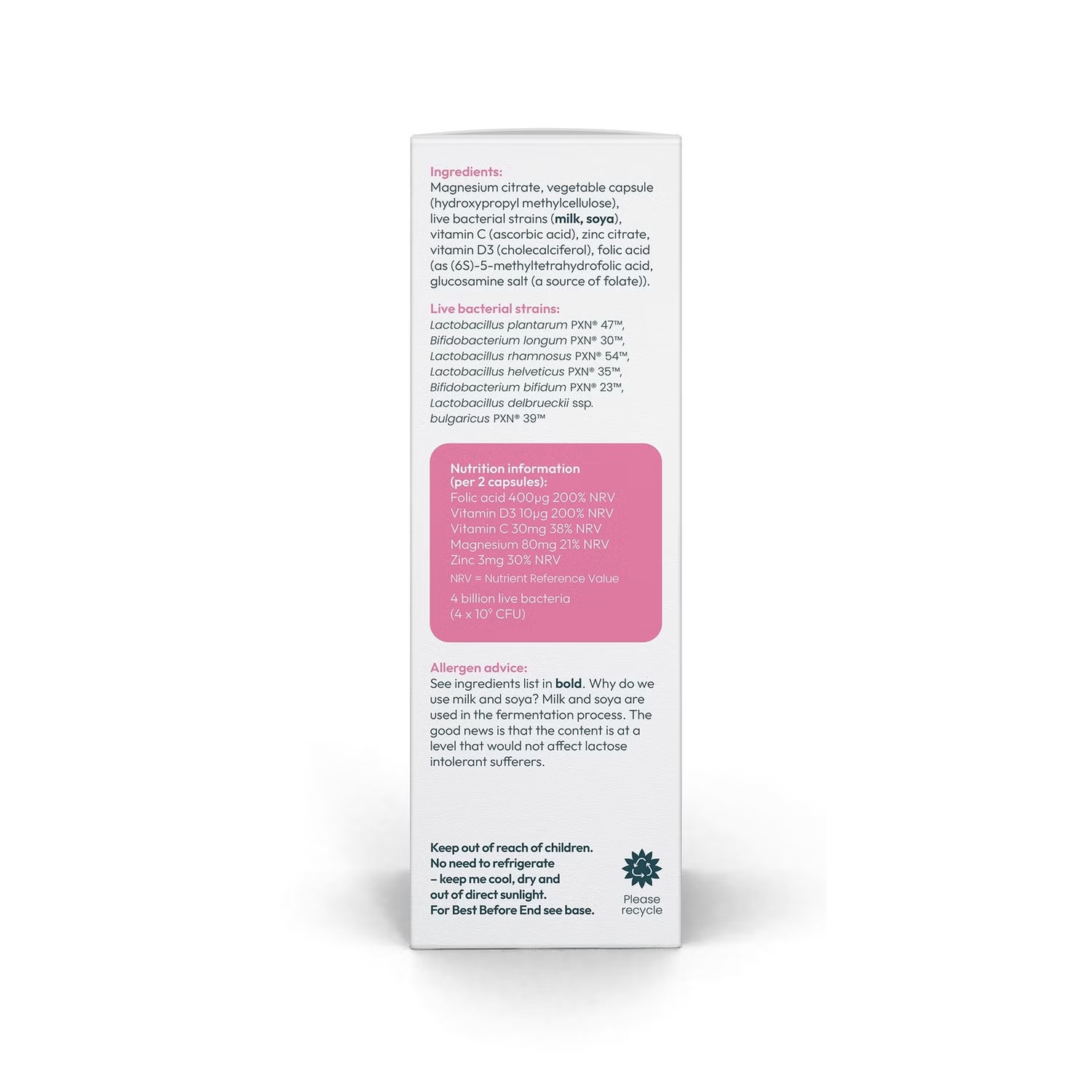 Bio-Kult Pregnéa supplement facts and ingredients label 60 capsules on white background side view.