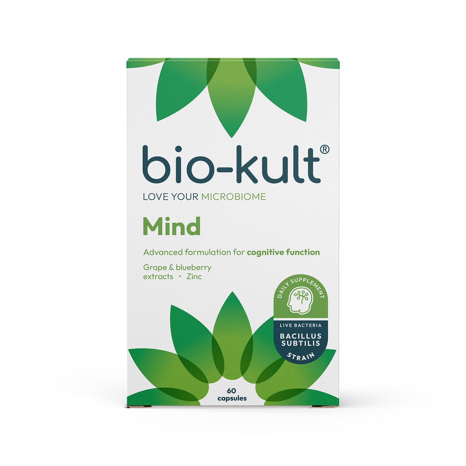 Bio-Kult Mind probiotic supplement box front label 60 capsules on white background