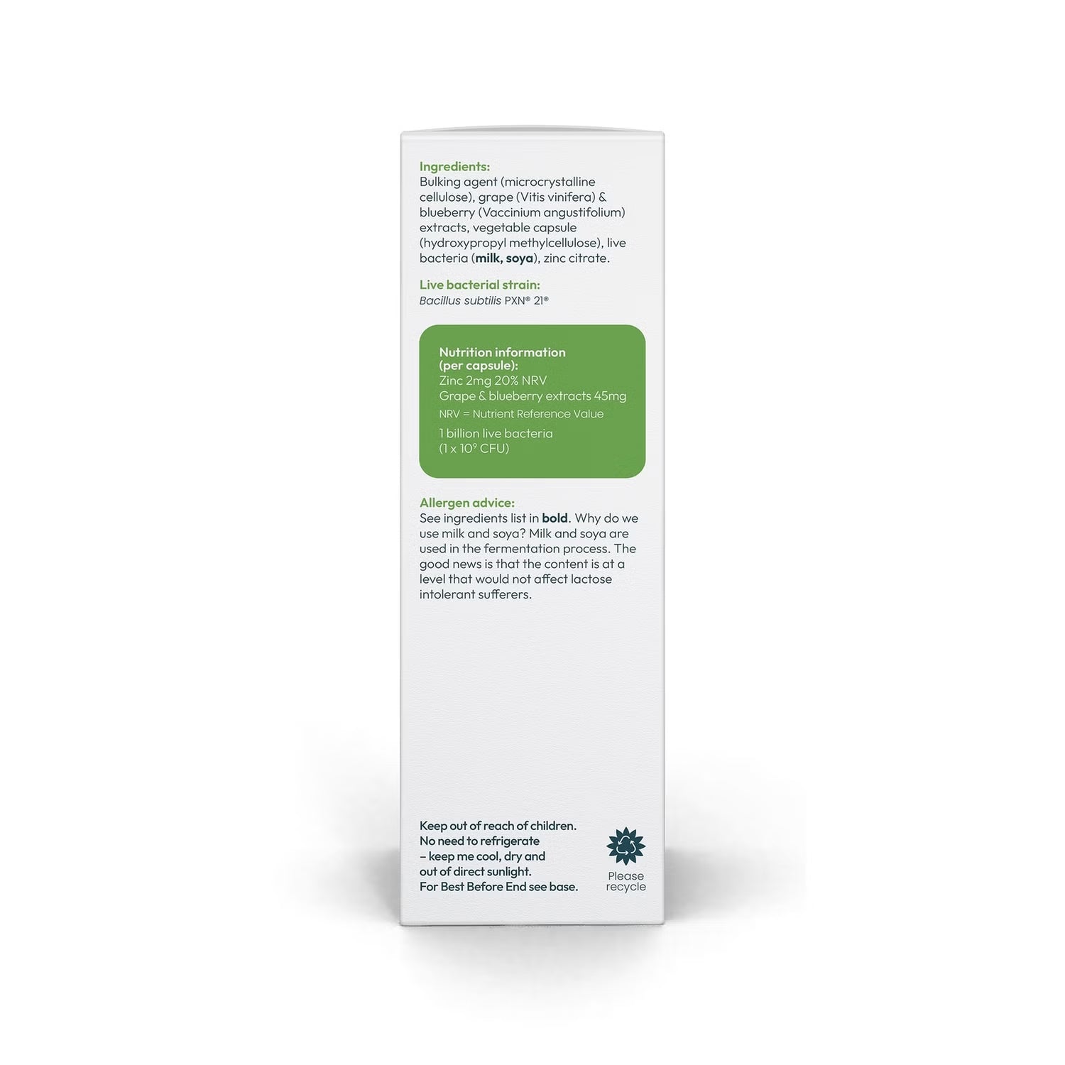 Bio-Kult Mind supplement facts and ingredients label 60 capsules on white background side view.