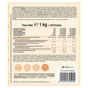 Nutritional information, barcode and ingredients list on the Weider pancake mix tub.