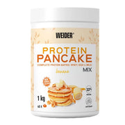 Weider Protein Pancake Mix Banana Flavour 1kg plastic tub on white background.