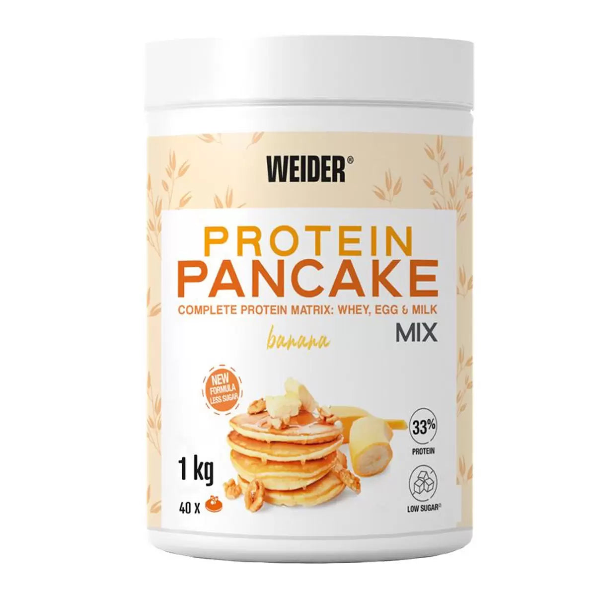 Weider Protein Pancake Mix Banana Flavour 1kg plastic tub on white background.