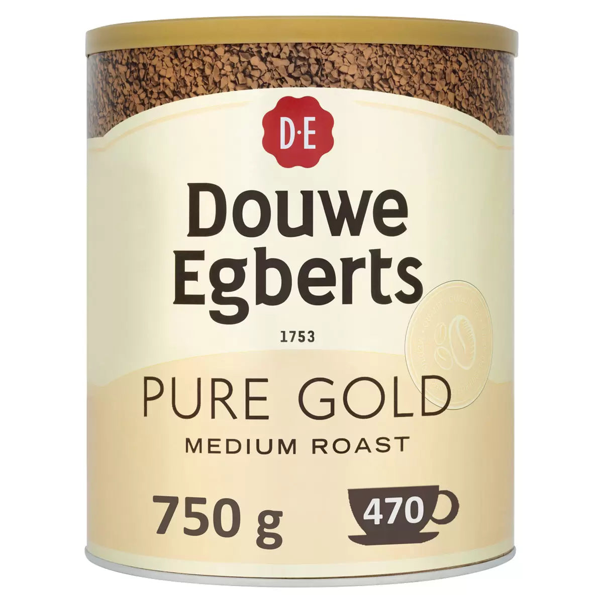 Douwe Egberts Pure Gold instant coffee granules tin 750g packaging front
