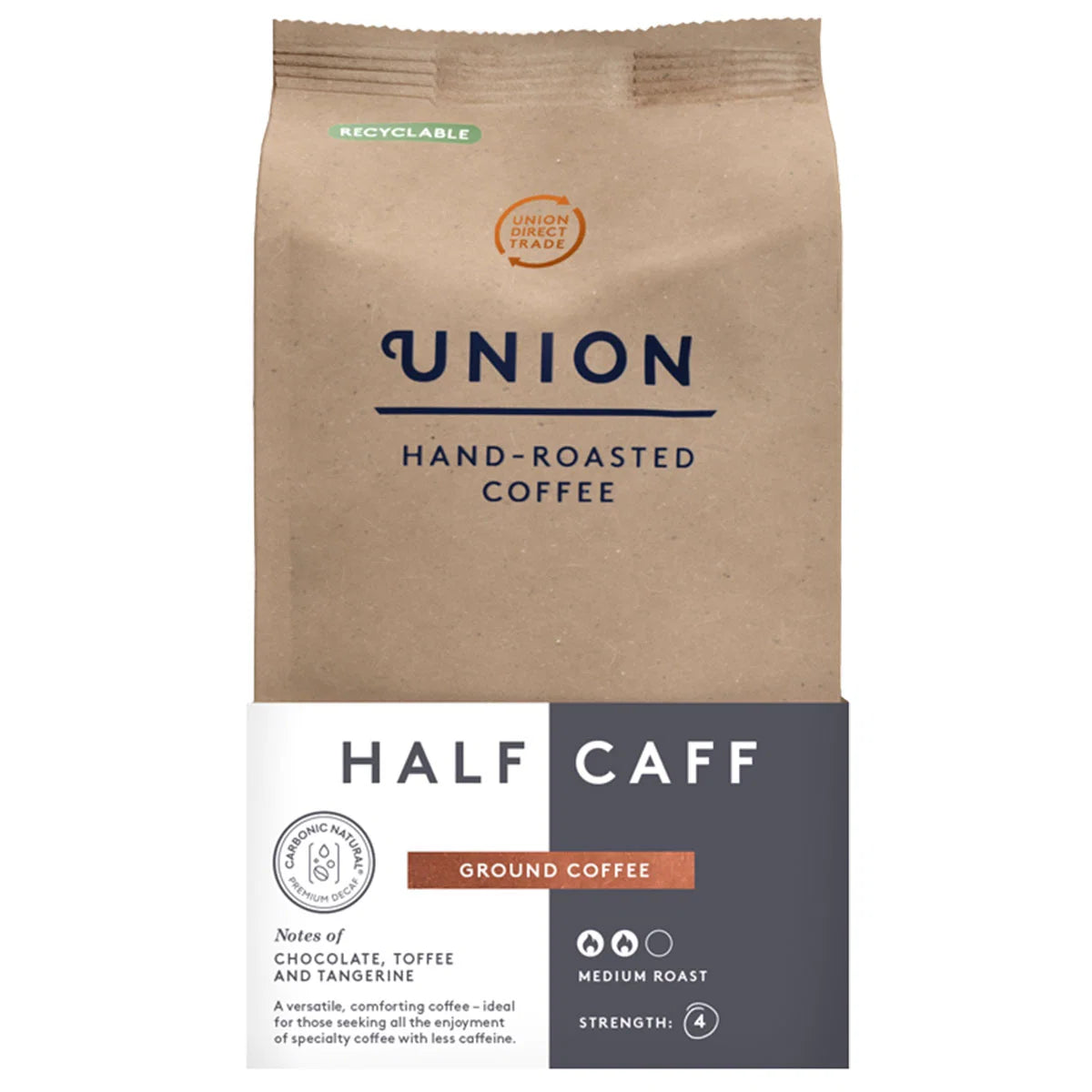 Union Half Caff Ground Coffee medium roast resealable coffee pack 200g