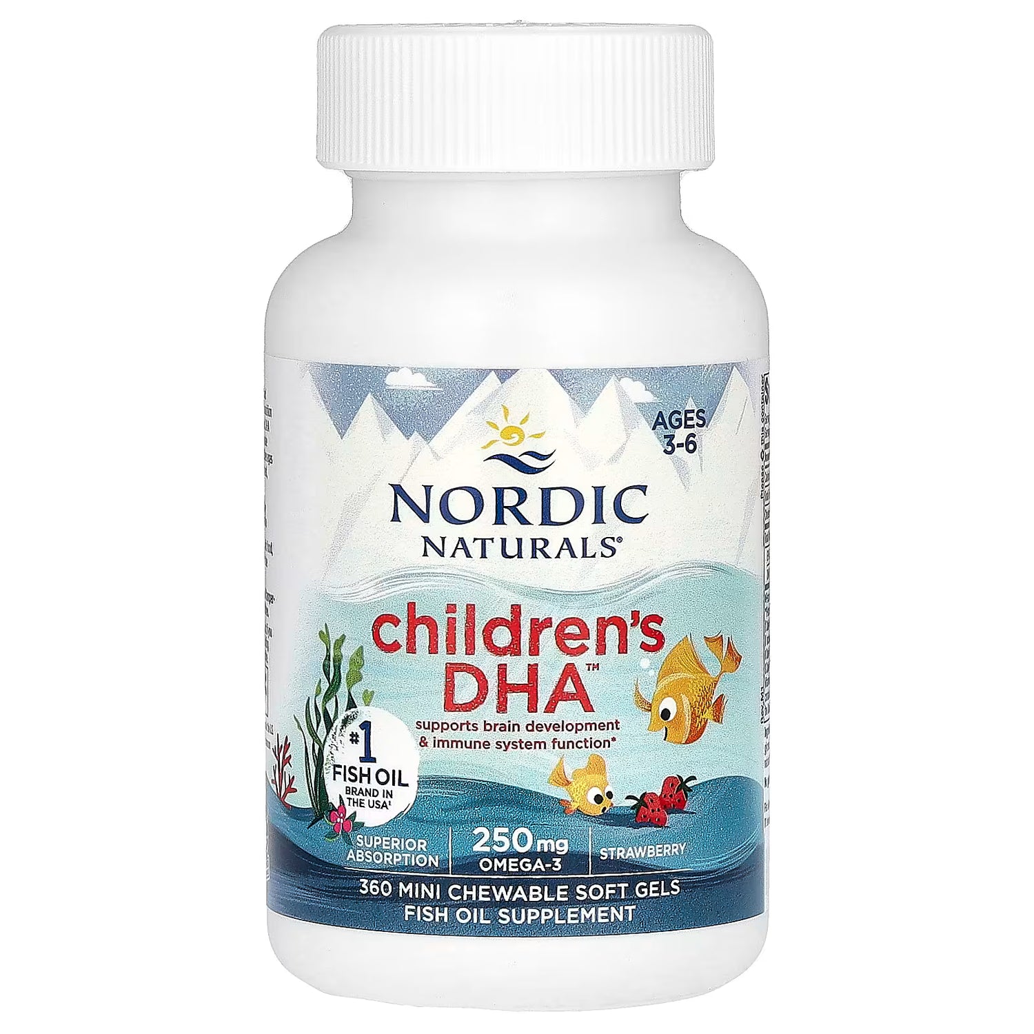 Nordic Naturals Children's DHA Strawberry Chewable 360 Soft Gels bottle for kids.