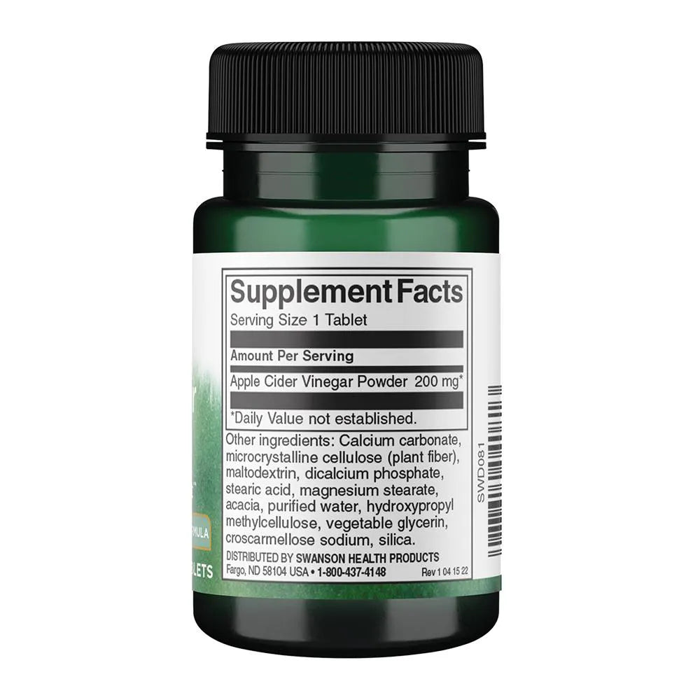 Swanson Apple Cider Vinegar 200mg Double Strength 30 Tablets Pack of 2 supplement facts label