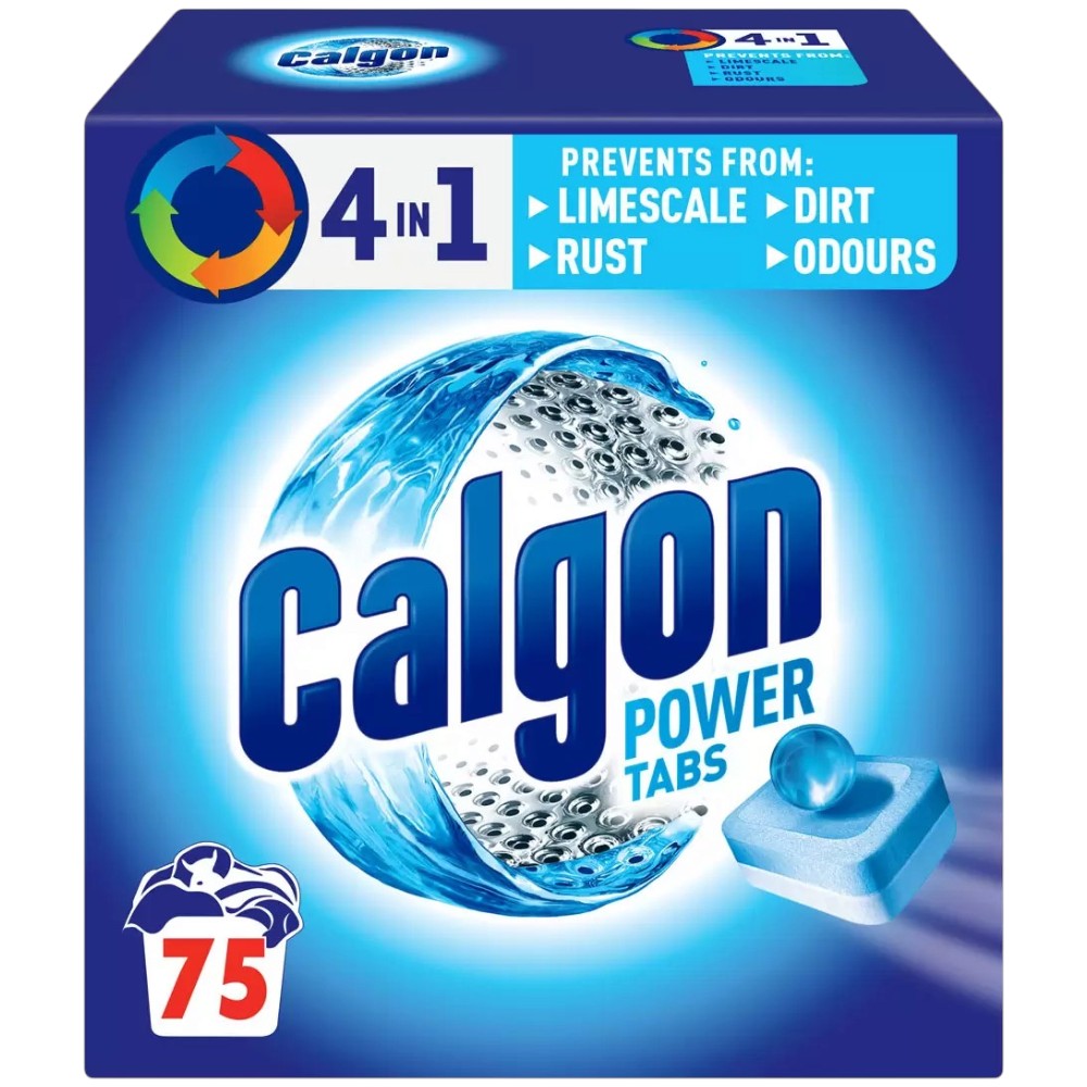 Calgon Power Tabs 4-in-1 Washing Machine Tablets 75 Pack front packaging