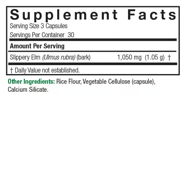 Supplement facts label with Slippery Elm and other ingredients on a white background