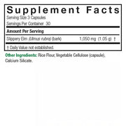 Supplement facts label with Slippery Elm and other ingredients on a white background