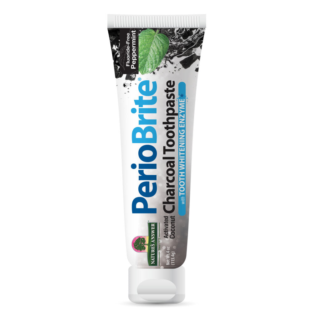 Perio Brite charcoal toothpaste tube on a white background