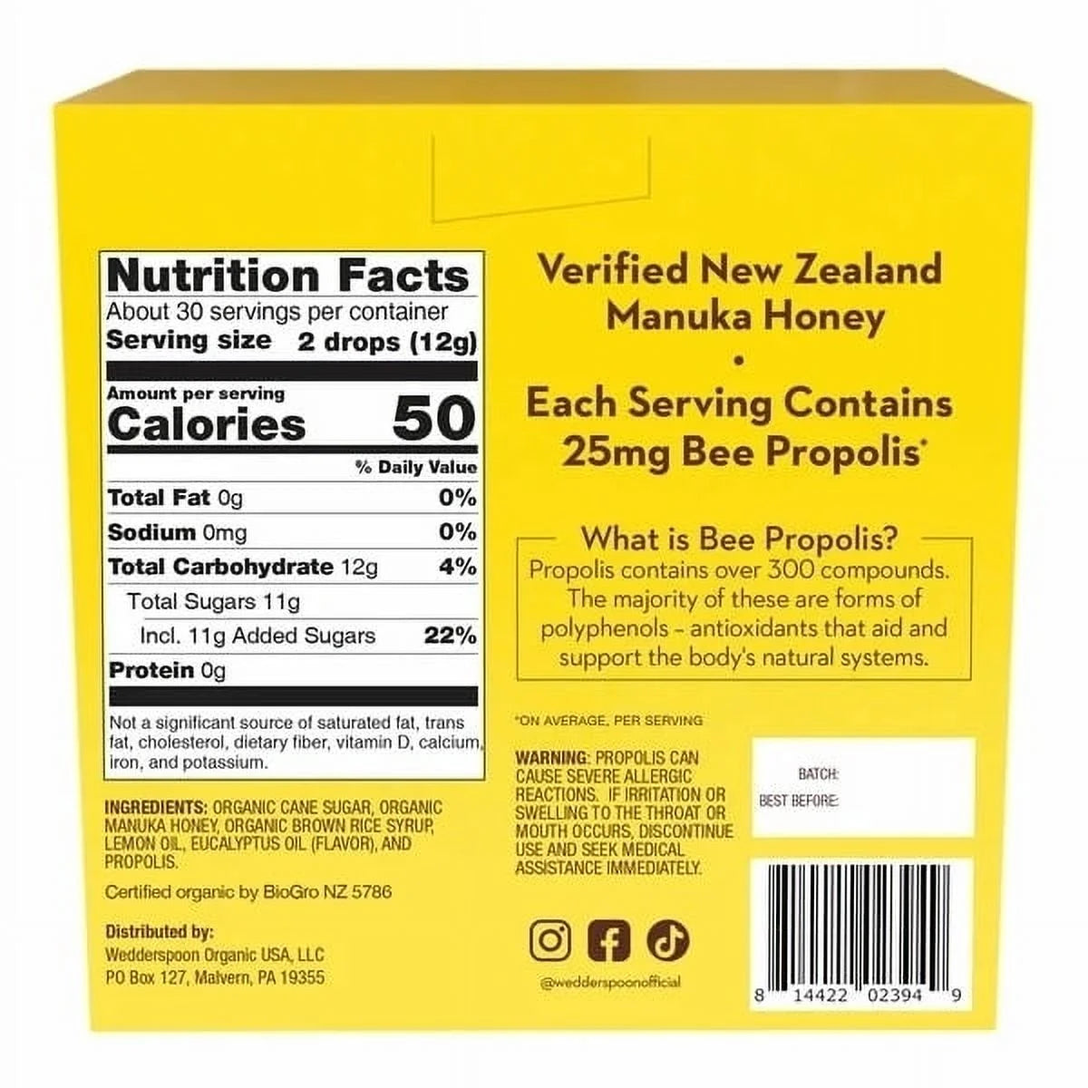 Nutrition facts, Ingredients, barcode, and directions for Manuka honey drops.
