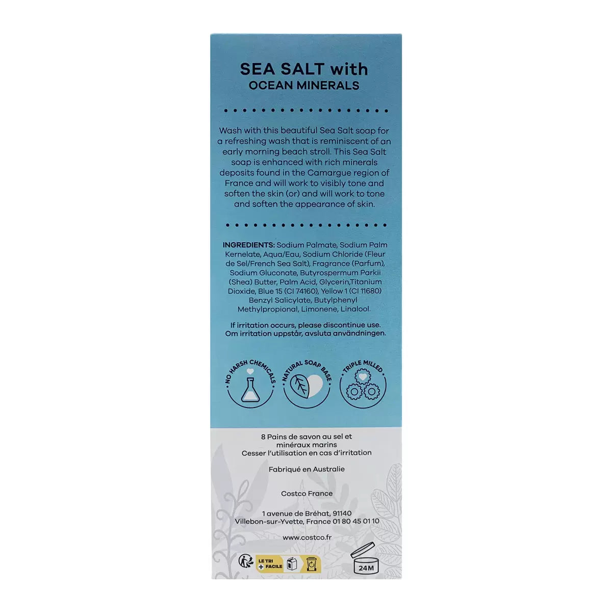 Ingredients and product details for Australian Botanical Sea Salt soap bar pack.