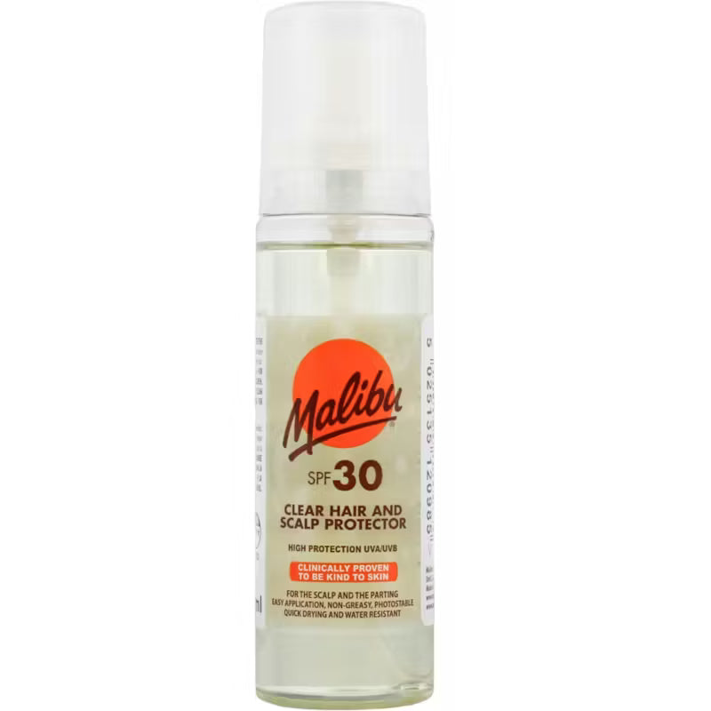 Malibu SPF 30 Clear Hair and Scalp Protector Spray bottle, 100ml.