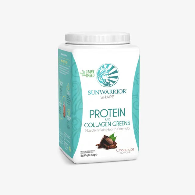 SunWarrior protein and collagen greens powder container on a white background