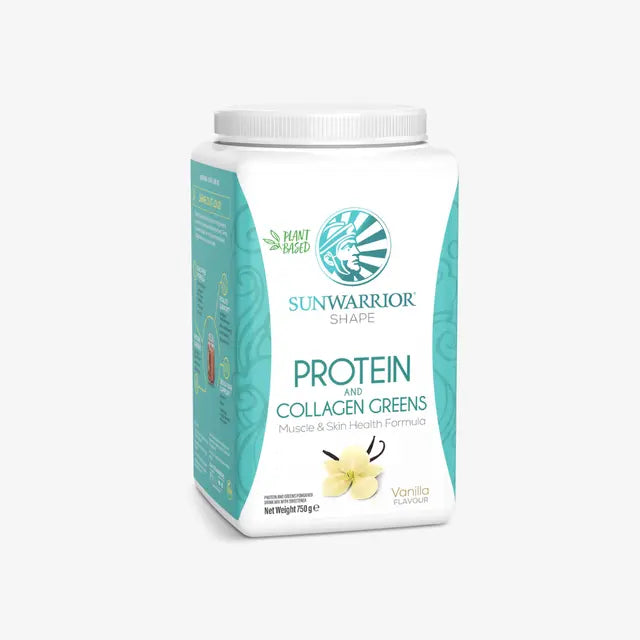Sunwarrior protein and collagen greens powder container on a white background