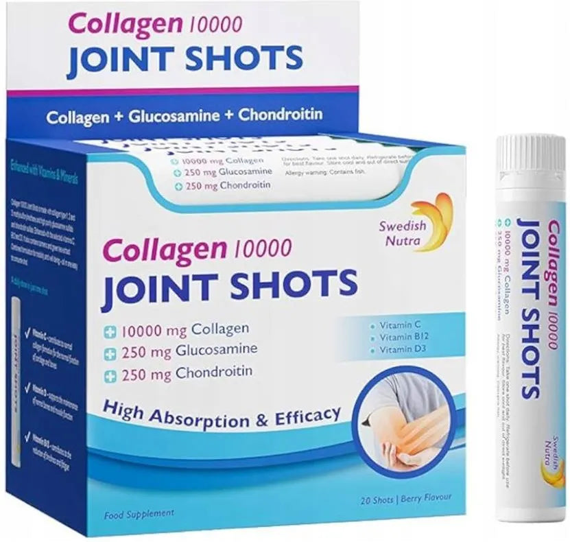 Front image: Swedish Nutra collagen joint shots 10000mg 20 x 25ml pack