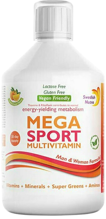 Front image: Swedish Nutra Mega Sport multivitamin liquid orange flavour 500ml bottle