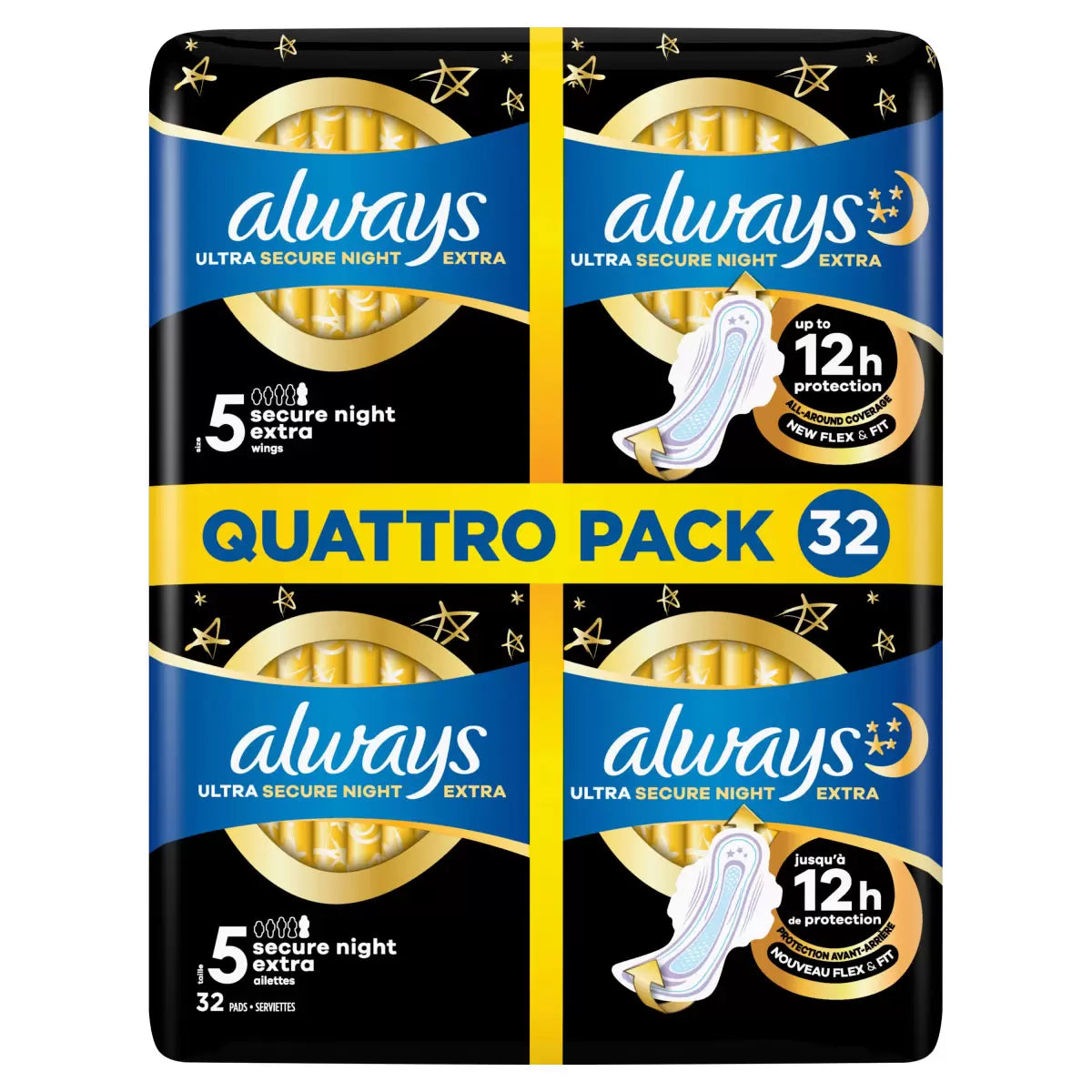 Front image: Always Ultra Secure Night pads size 5 wings sanitary pads 32 pack
