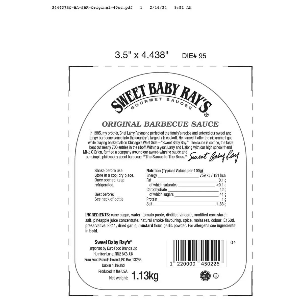 Sweet Baby Ray's Original Barbecue Sauce, plastic sauce bottle packaging, Original BBQ flavour, 1.13kg, ingredients information & barcode