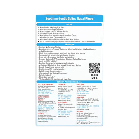 Back of box showing instructions and ingredients list for NeilMed Pediatric Nasal Rinse Kit.