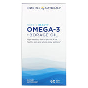 Front of Nordic Beauty Omega-3 + Borage Oil box, 60 count lemon softgels.