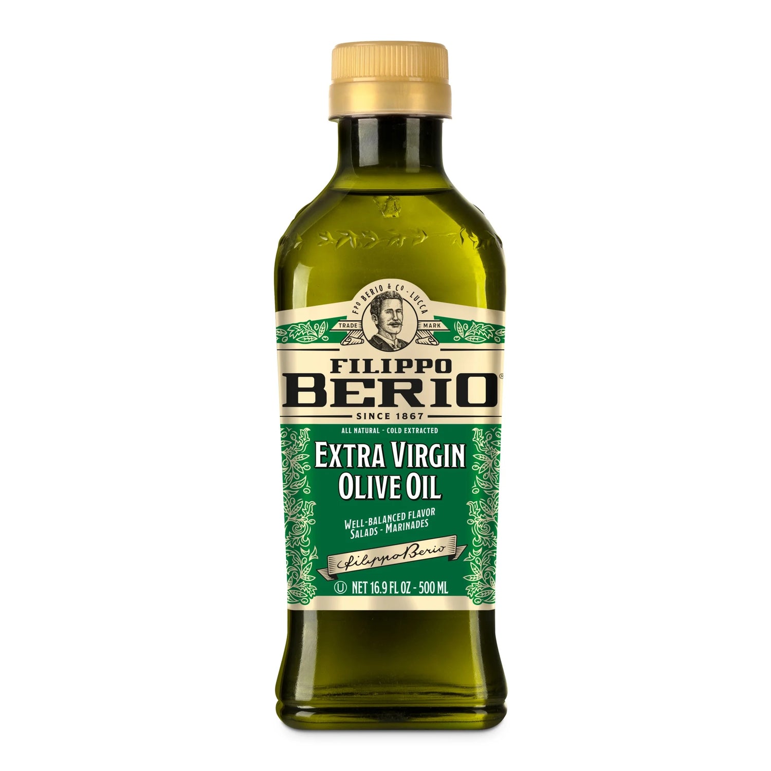 Front image: Filippo Berio extra virgin olive oil bottle 500ml