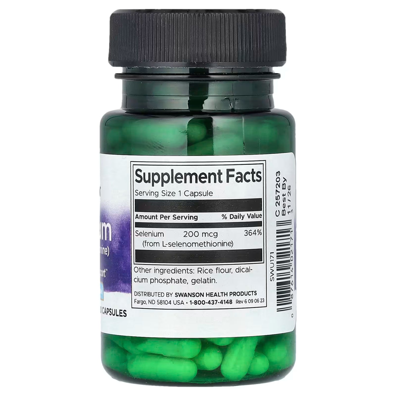 Back: Supplement facts label for L-Selenomethionine selenium showing purity.