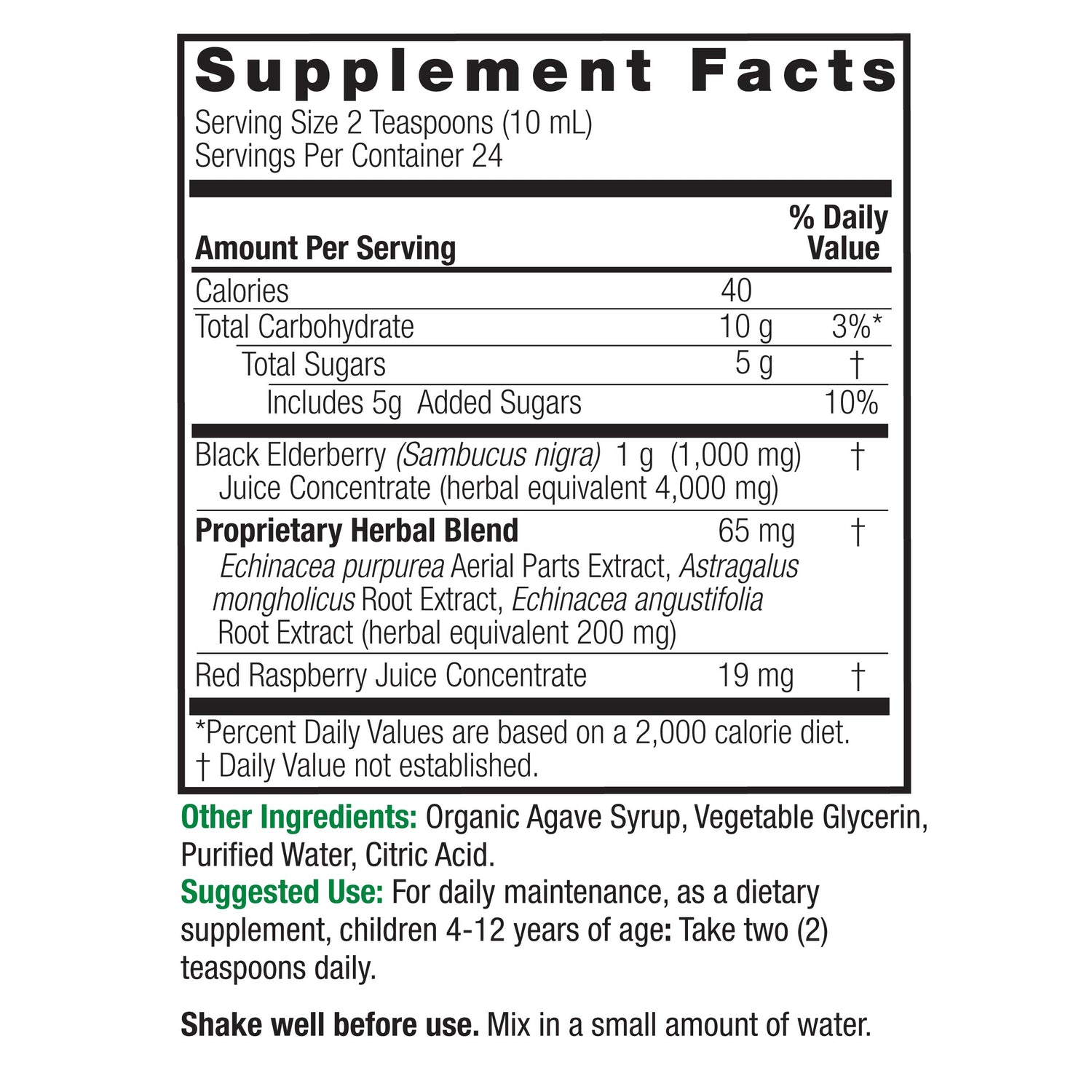Nature’s Answer Sambucus Elderberry Kids Syrup 240ml supplement facts label