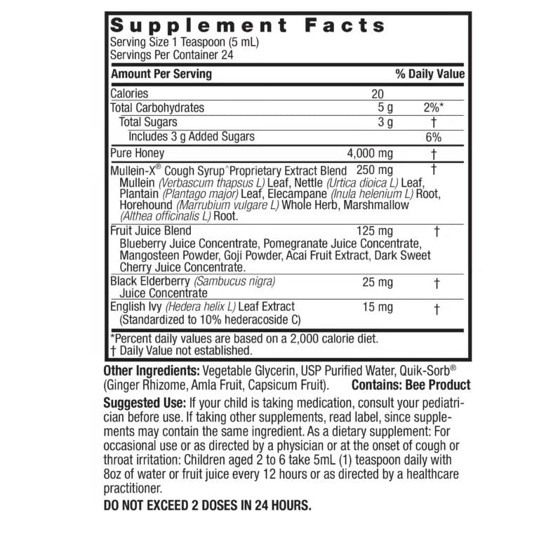 Supplement facts label for a cough syrup with detailed ingredient list and usage instructions.