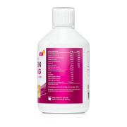 White bottle with a pink label on a white background