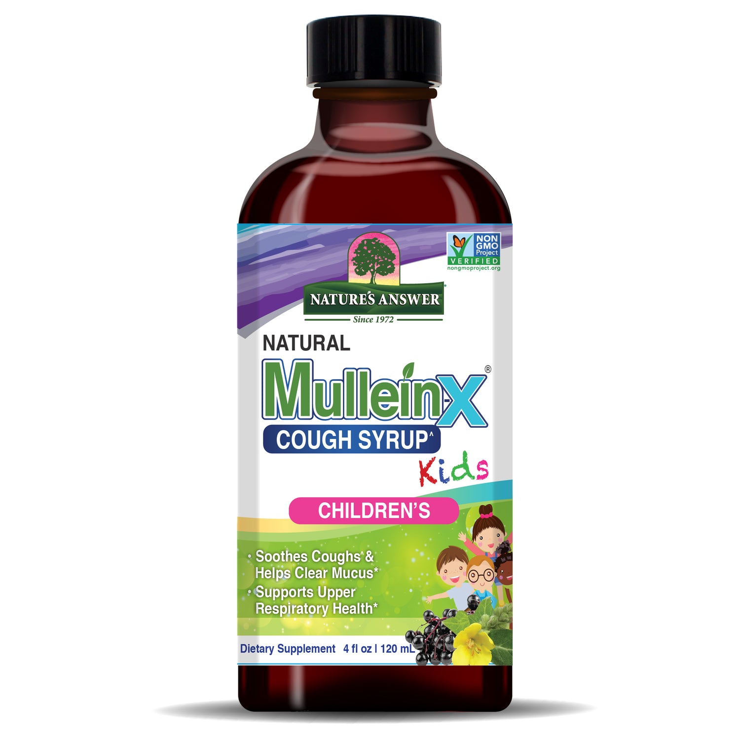 Bottle of Natures Answer Mullein X Cough Syrup for Kids on a white background