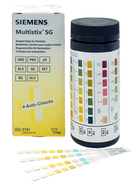 Sealed bottle & box of Siemens Multistix 10SG Urinalysis Reagent Strips, 100 count.
