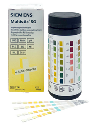 Sealed bottle & box of Siemens Multistix 10SG Urinalysis Reagent Strips, 100 count.