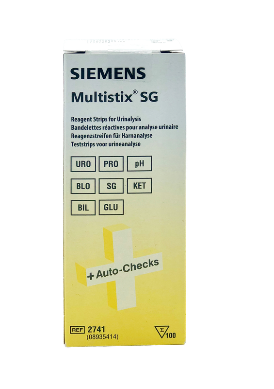 Sealed box of Siemens Multistix 10SG Urinalysis Reagent Strips, 100 count.