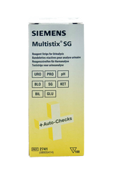 Sealed box of Siemens Multistix 10SG Urinalysis Reagent Strips, 100 count.