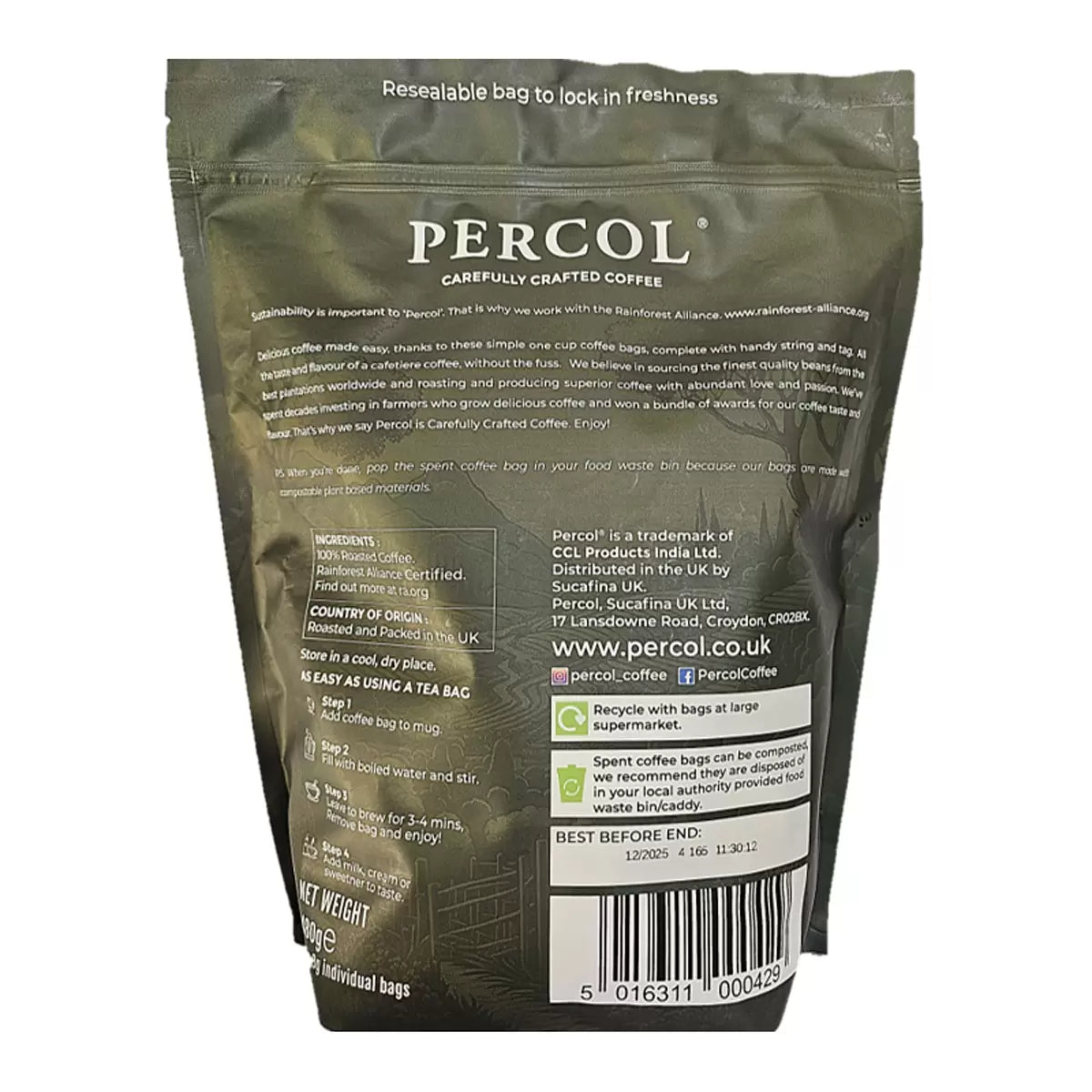 Percol Americano coffee bags ingredients & barcode label pack 60 x 8g