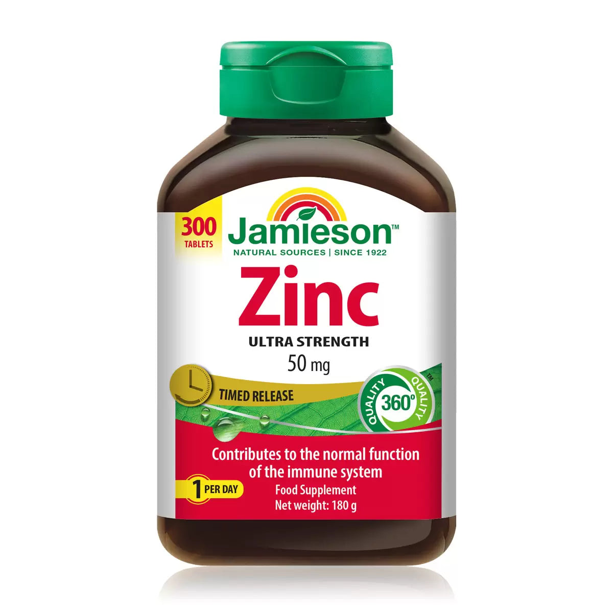 Jamieson Zinc 50mg bottle, 300 count, white background.