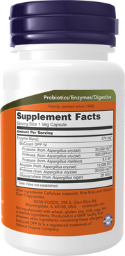 Supplement facts panel for NOW broad-spectrum digestive enzyme supplement bottle.