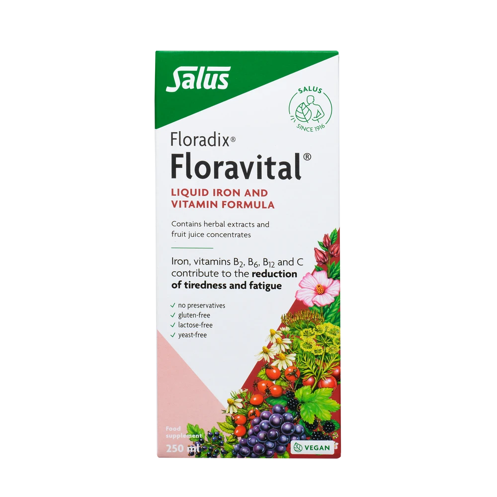 Floradix Floravital liquid iron and vitamin formula bottle front label 250ml box