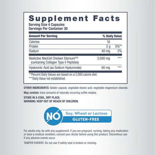 Label showing supplement facts for NeoCell Joint Complex capsules, 120 count.