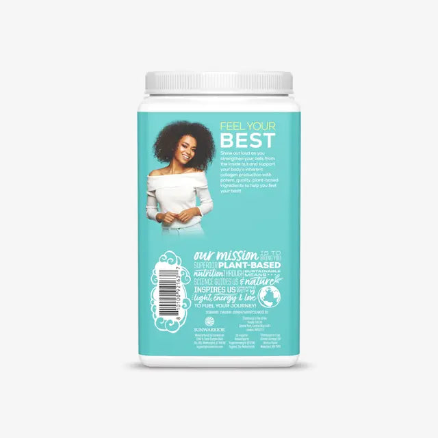 Supplement container with a woman's image and 'Feel Your Best' text on a white background