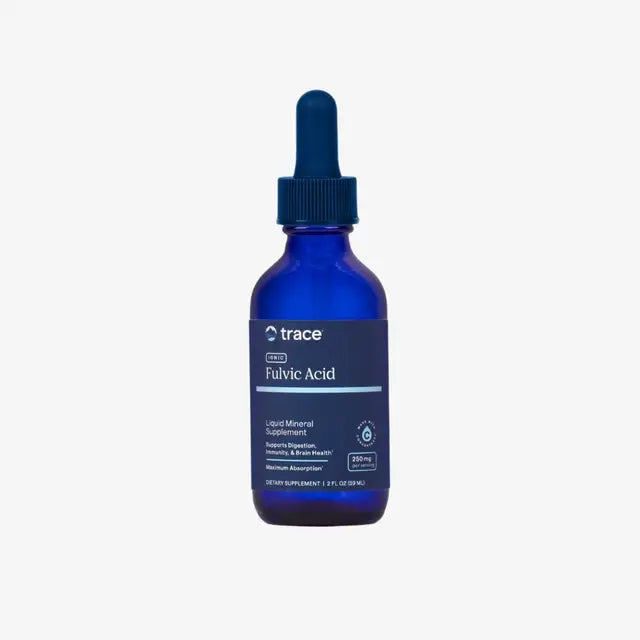 Blue bottle of trace Fulvic Acid supplement on a white background