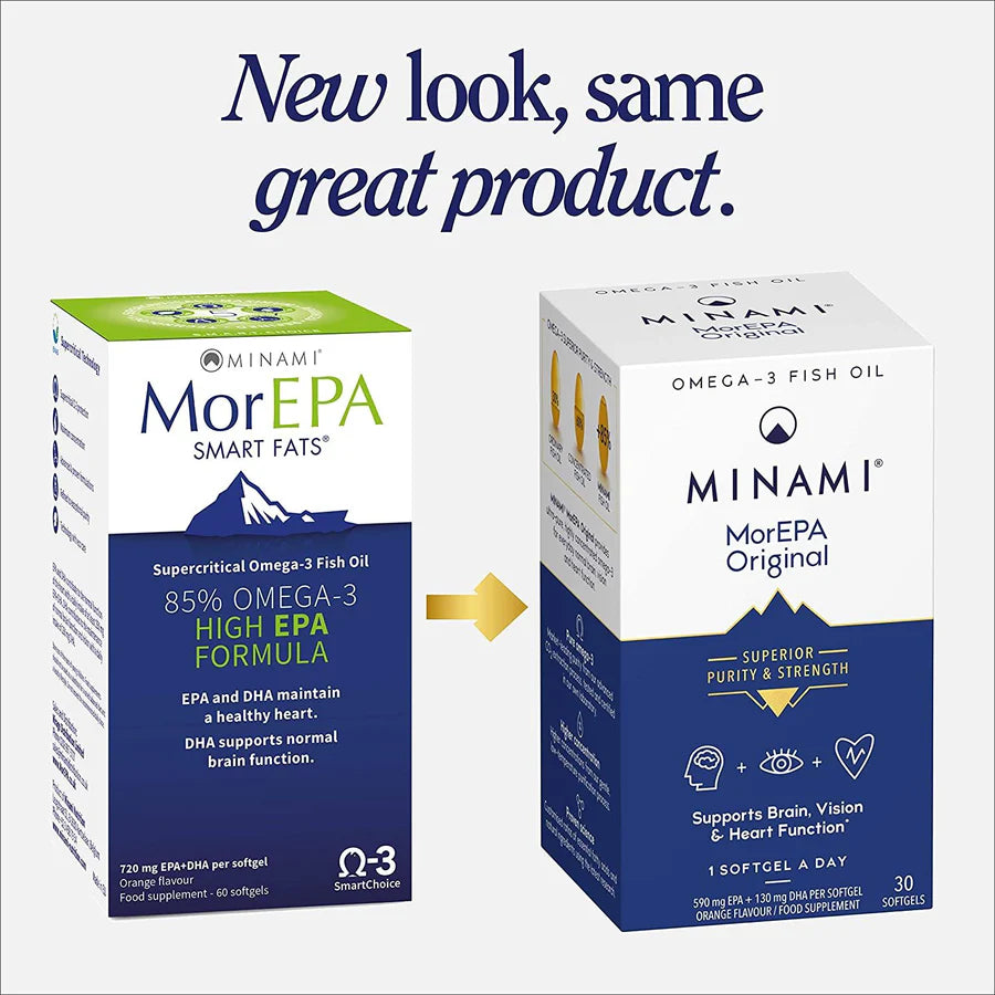 Minami MorEPA Original – High Strength Omega-3 EPA & DHA – 30 Softgels. Old & new packaging