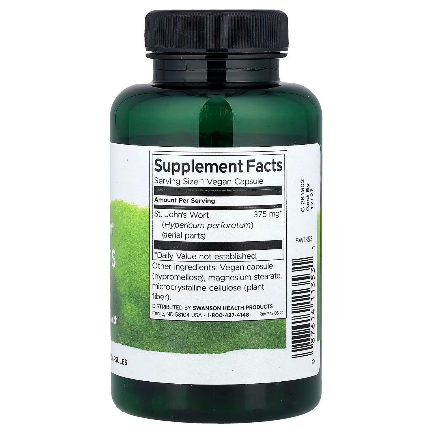 Back: Supplement facts label for St. John's Wort botanical showing ingredient source.