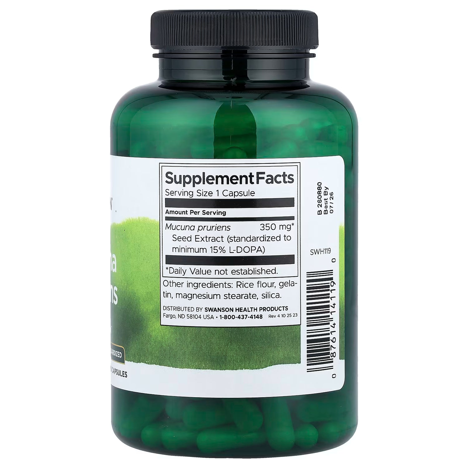 Back: Supplement facts label for standardized Mucuna pruriens extract showing L-DOPA content.