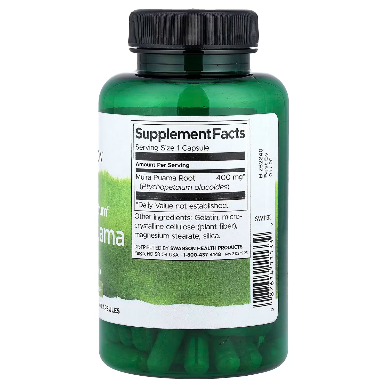 Back: Supplement facts label for Muira Puama showing full spectrum plant parts.